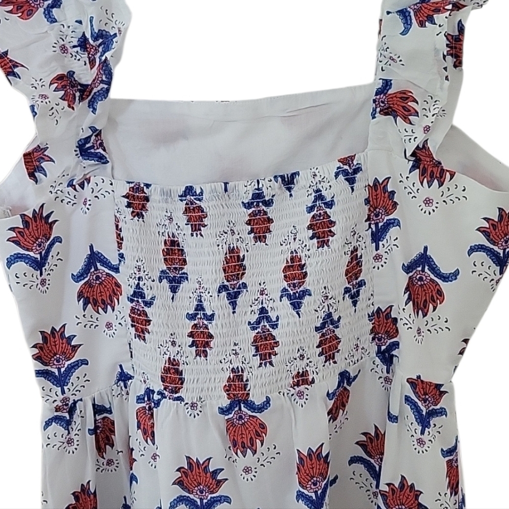 J.Crew Factory Blue White Red Coastal Grandma Floral Tiered Midi Cotton Size XS - Picture 8 of 15
